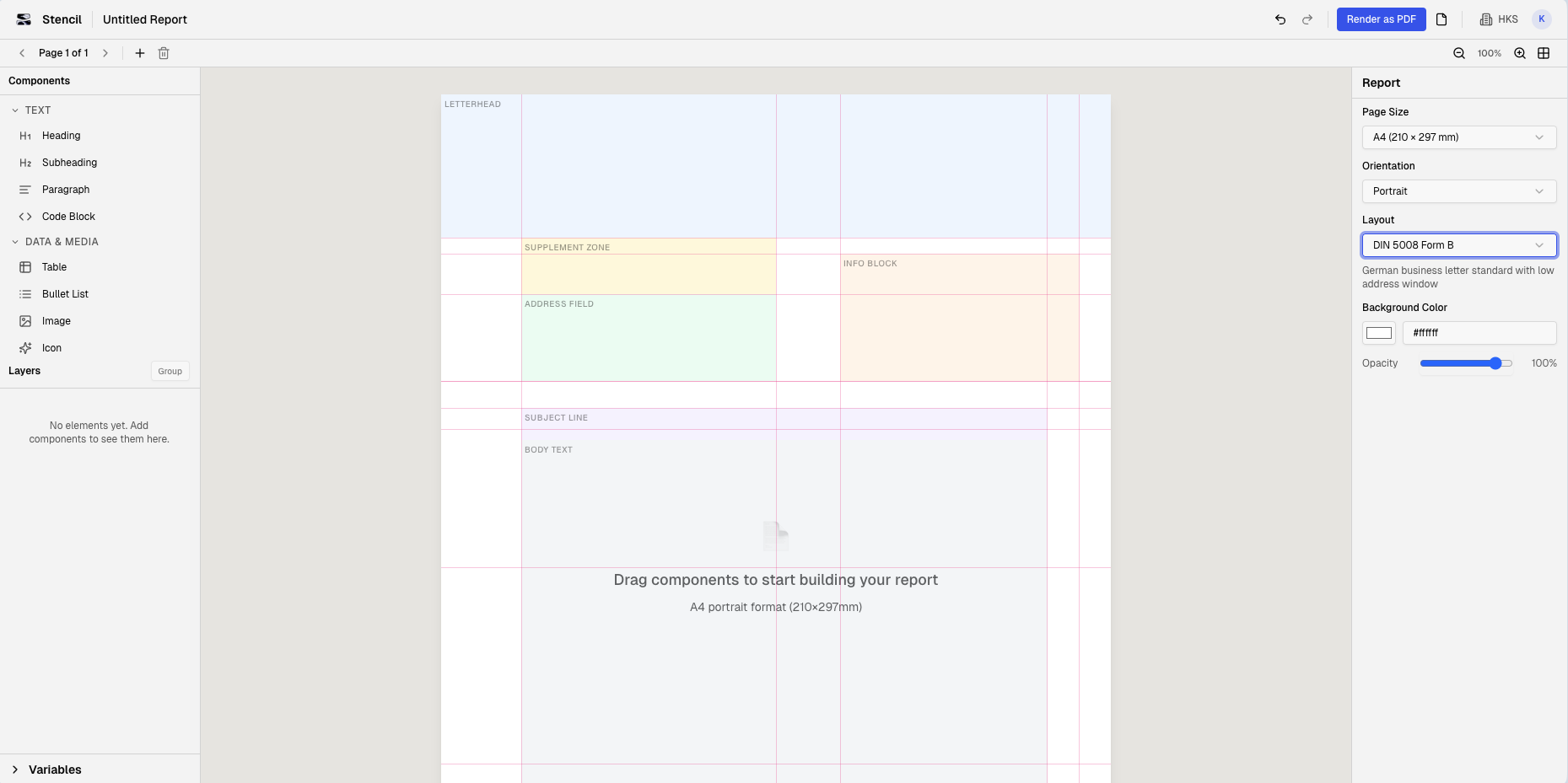 stencil Editor mit DIN 5008 Form B Layout - Briefkopf, Anschriftfeld, Betreffzeile und Textbereich